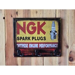 NGK Spark Plugs Key Holder, Solid Wood w/ Metal Sign & Hooks, Vintage Look